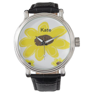 Gelbe Sonnenblume, florale Aquarellfarbe, Name Tex Armbanduhr