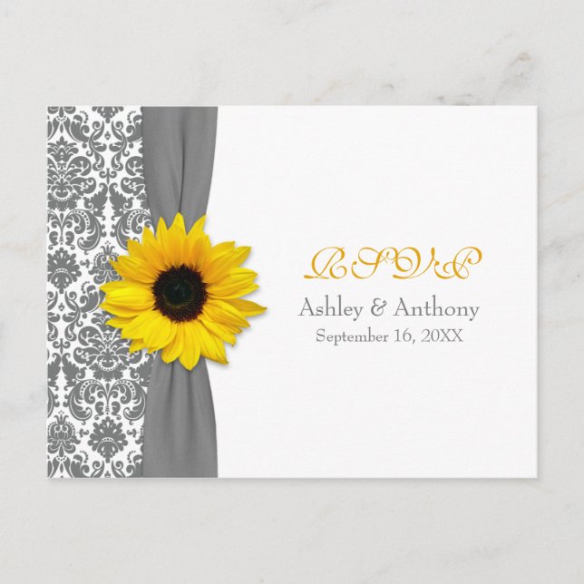 Gelbe Sonnenblume Grau Damask Hochzeitskarte UAWG  Einladungspostkarte (Vorderseite)