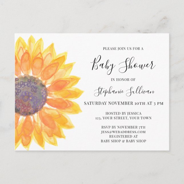 Gelbe Sonnenblume Kinderdusche Einladung Postkarte (Vorderseite)
