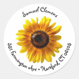 Gelbe Sonnenblume mit Bee-Address-Label Runder Aufkleber