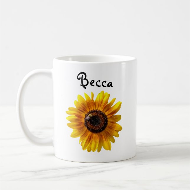 Gelbe Sonnenblume mit Biene Personalisiert Kaffeetasse (Links)