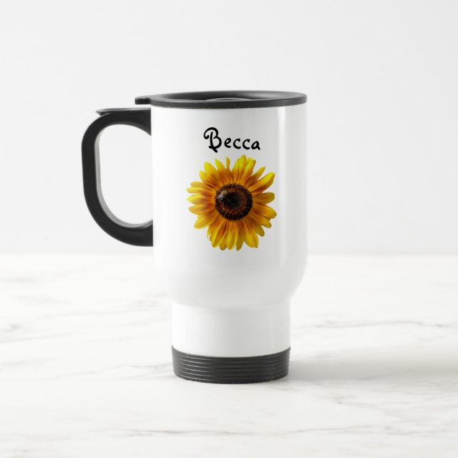 Gelbe Sonnenblume mit Biene Personalisiert Reisebecher (Links)