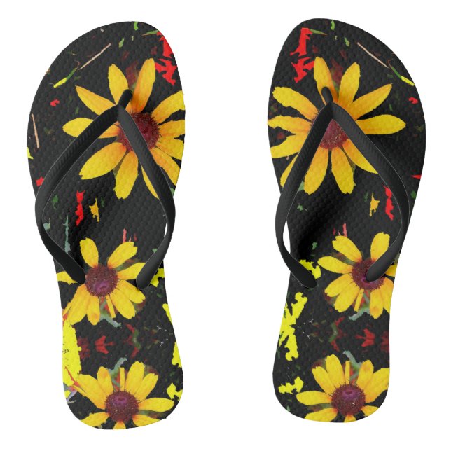 Gelbe Sonnenblume mit Confetti - Schwarzer Dreh Fl Flip Flops (Fußbett)