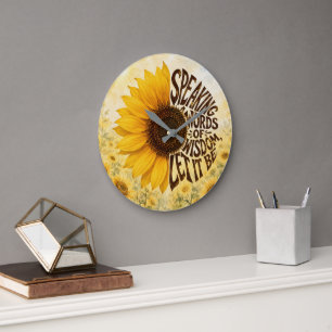 Gelbe Sonnenblume mit inspirierendem Zitat Große Wanduhr