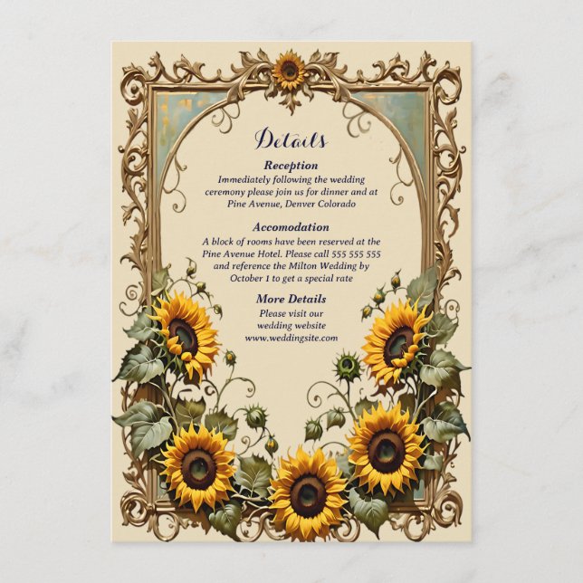 Gelbe Sonnenblume mit Kunstrahmen Hochzeit Begleitkarte (Vorderseite)