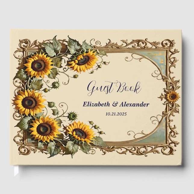 Gelbe Sonnenblume mit Kunstrahmen Hochzeit Gästebuch (Vorderseite)