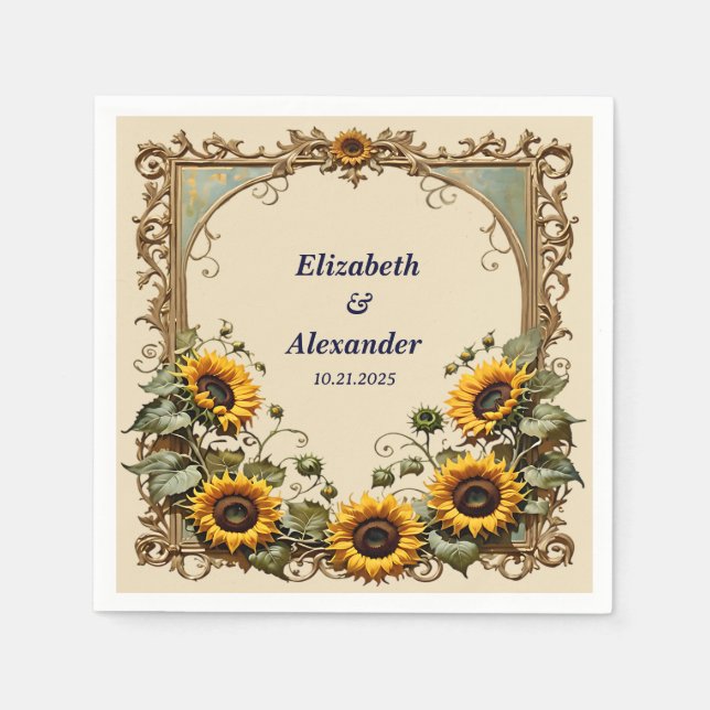Gelbe Sonnenblume mit Kunstrahmen Hochzeit Serviette (Vorderseite)