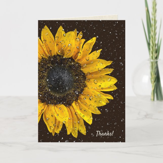 Gelbe Sonnenblume mit Regentropfen danke Karte (Vorderseite)