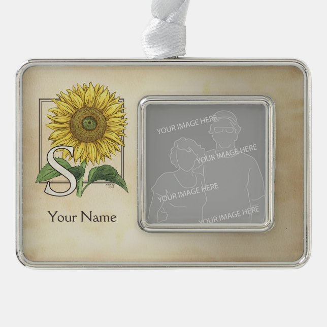 Gelbe Sonnenblume Personalisiert Monogramm Rahmen-Ornament Silber (Vorderseite)