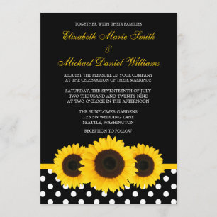 Gelbe Sonnenblume Schwarz und Weiß Polka Dot Hochz Einladung
