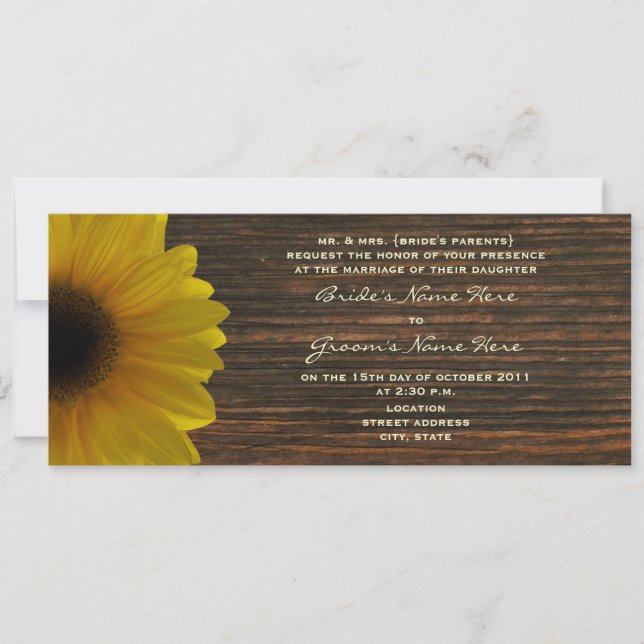 Gelbe Sonnenblume und Barnwood-Hochzeit im Herbst  Einladung (Vorderseite)
