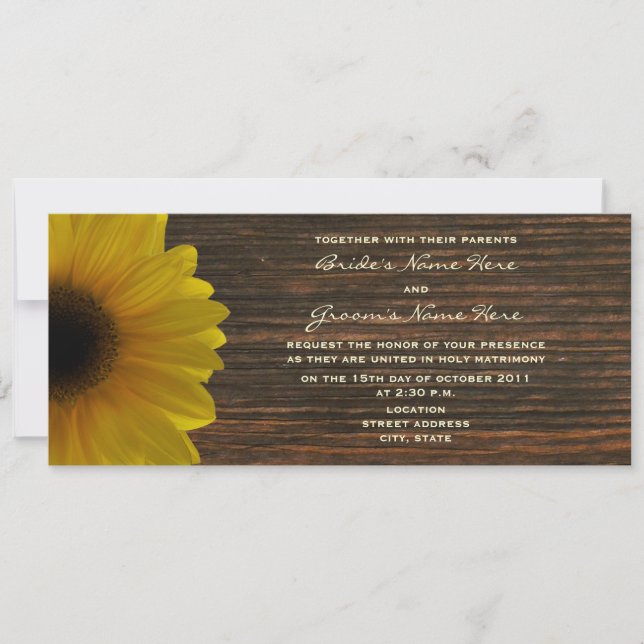 Gelbe Sonnenblume und Barnwood-Hochzeit im Herbst  Einladung (Vorderseite)