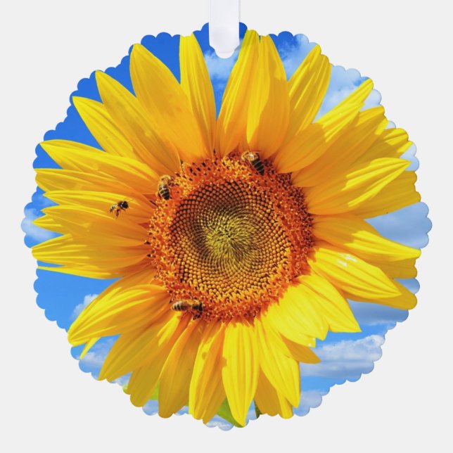 Gelbe Sonnenblume und Bienen Weihnachtskarte Ornament Karte (Vorderseite)