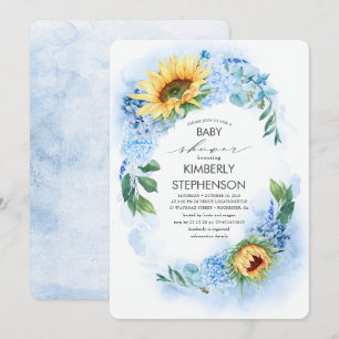 Gelbe Sonnenblume und blaue Hydrangea-Babydusche Einladung
