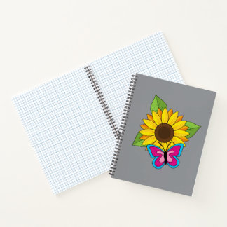 Gelbe Sonnenblume und blauer rosa Schmetterling Notizbuch