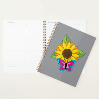 Gelbe Sonnenblume und blauer rosa Schmetterling Planer
