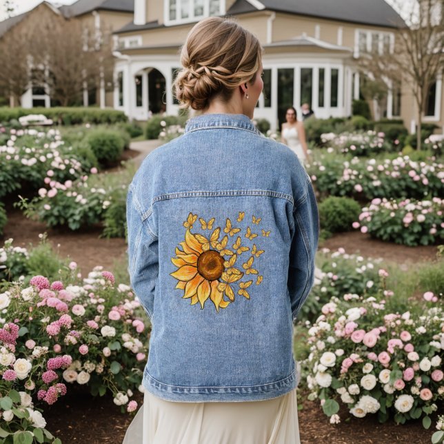 Gelbe Sonnenblume und Schmetterling Jeansjacke (Hochzeit Rückseite)