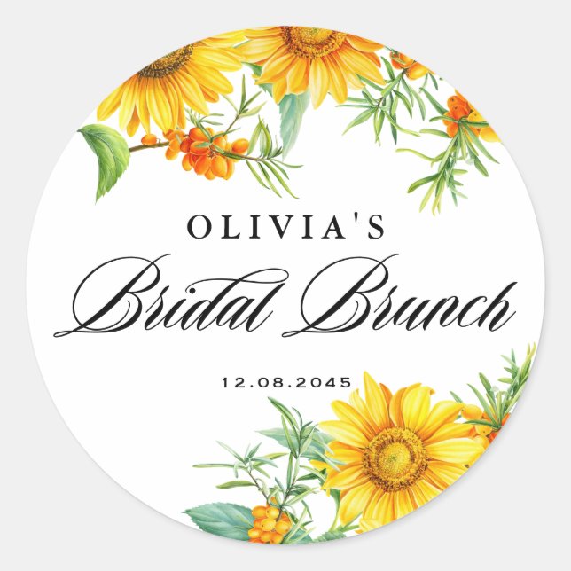 Gelbe Sonnenblume und Seabuckthorn Bridal Brunch Runder Aufkleber (Vorderseite)