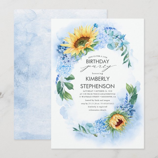 Gelbe Sonnenblume und trockene blaue Hydrangea zum Einladung (Vorne/Hinten)