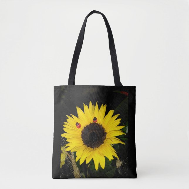 Gelbe Sonnenblume und zwei Marienkäfer Tasche (Vorderseite)