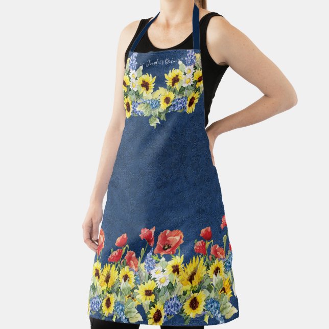 Gelbe Sonnenblume Wasserfarbe Roter Mohn Navy Blau Schürze (InSitu)