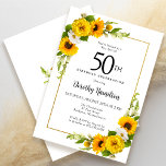 Gelbe Sonnenblume Weiße Daisy Blüte 50. Geburtstag Einladung<br><div class="desc">Hübsche gelbe Sonnenblumenblume 50. Geburtstagskarte. Gelbe Pfannenbäume und weiße Molkereien vermischen sich mit den Sonnenblumen. Ein rechteckiger goldfarbener Rahmen verleiht ihm ein elegantes Ambiente. Sehr einfach zu anpassen. Dieser Rücken ist weiß mit einem Sonnenblumenstrauß. Das ist perfekt für ein Sommergeburtstag. Dieser Artikel ist Party der Kollektion Gelbe Sonnenblumen und Weißes...</div>