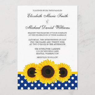 Gelbe Sonnenblume-weiße und blaue Tupfen-Hochzeit Einladung
