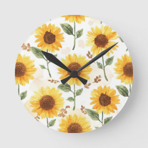 Gelbe Sonnenblumen Aquarell Floral Whimsical Runde Wanduhr