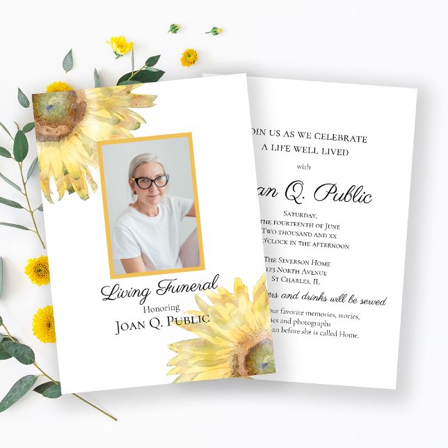 Gelbe Sonnenblumen Aquarellfarben Beerdigung Party Einladung (Von Creator hochgeladen)