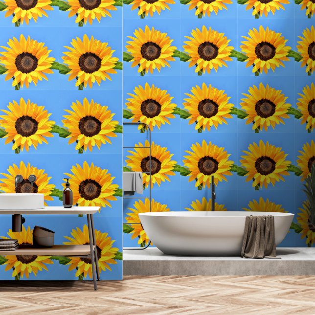 Gelbe Sonnenblumen auf Blue Sky Tapete (Badezimmer)