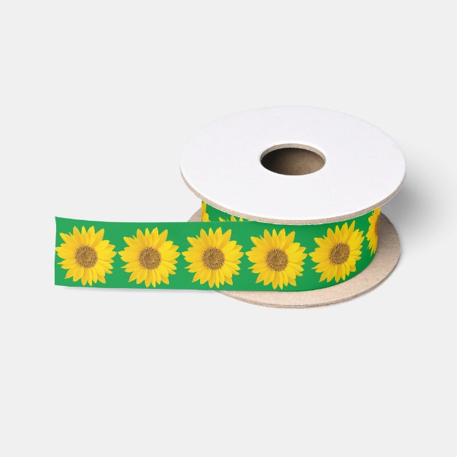 Gelbe Sonnenblumen auf Grün Satinband (Spule)
