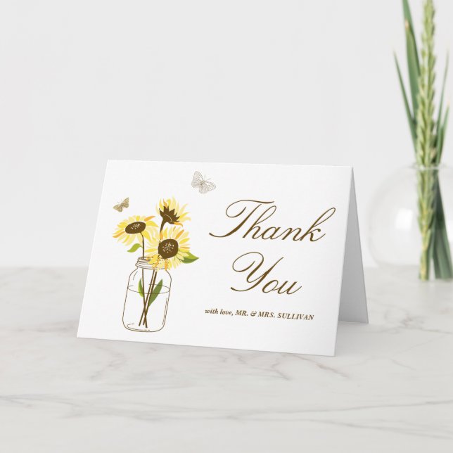 Gelbe Sonnenblumen auf Mason Jar Wedding Vielen Da Dankeskarte (Vorderseite)