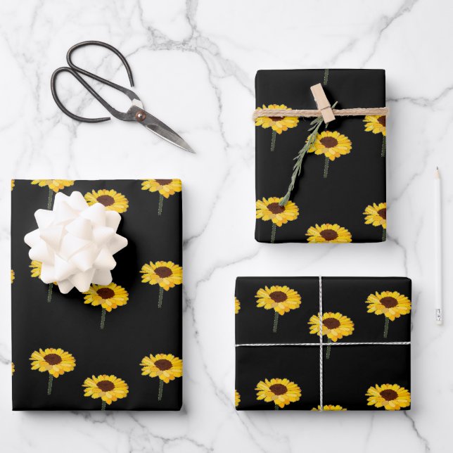 Gelbe Sonnenblumen auf schwarz Geschenkpapier Set (Vorderseite)