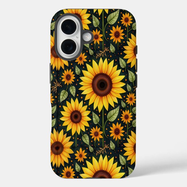 Gelbe Sonnenblumen auf schwarz iPhone 16 Hülle (Rückseite)