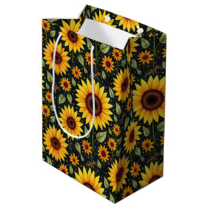 Gelbe Sonnenblumen auf schwarz Mittlere Geschenktüte