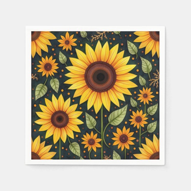 Gelbe Sonnenblumen auf schwarz Serviette (Vorderseite)