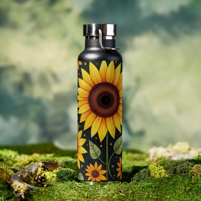 Gelbe Sonnenblumen auf schwarz Trinkflasche (Außenbereich)