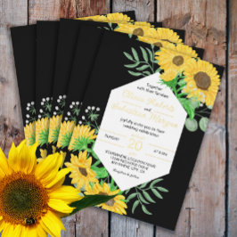Gelbe Sonnenblumen auf schwarzem Hochzeitgold Folieneinladung