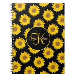 Gelbe Sonnenblumen auf Schwarzer Monogramm Notizblock