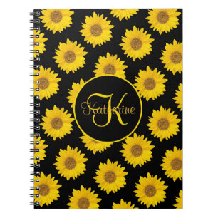 Gelbe Sonnenblumen auf Schwarzer Monogramm Notizblock