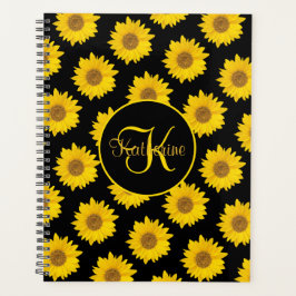 Gelbe Sonnenblumen auf Schwarzer Monogramm Planer