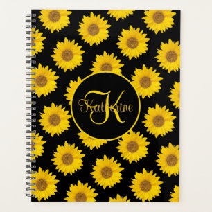 Gelbe Sonnenblumen auf Schwarzer Monogramm Planer