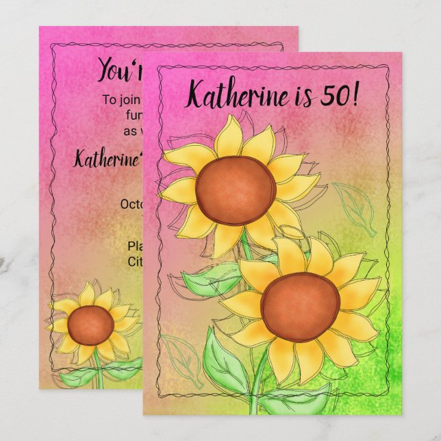 Gelbe Sonnenblumen auf texturiertem Rosa Grün Einladung (Vorne/Hinten)