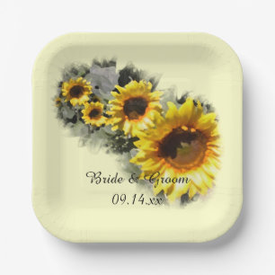 Gelbe Sonnenblumen bei einer Hochzeit im Row-Garte Pappteller