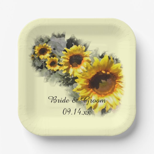 Gelbe Sonnenblumen bei einer Hochzeit im Row-Garte Pappteller (Vorderseite)