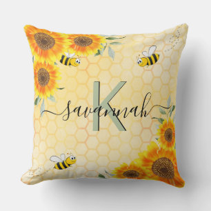 Gelbe Sonnenblumen Bienen rustikales Monogramm-Skr Kissen