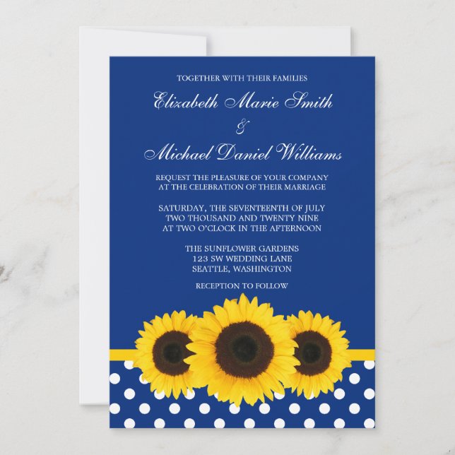 Gelbe Sonnenblumen blau und weiße Tupfen-Hochzeit Einladung (Vorderseite)