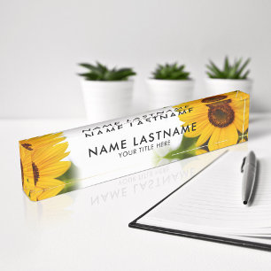 Gelbe Sonnenblumen Blumenblüten Botanischer Weißer Namensplakette