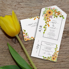 Gelbe Sonnenblumen, Bogen und Initialen Hochzeit i All In One Einladung