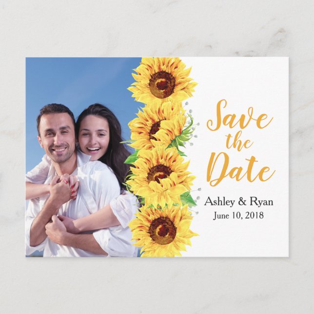 Gelbe Sonnenblumen Foto Hochzeit Save the Date Ankündigungspostkarte (Vorderseite)